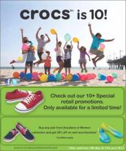 Crocs is 10 ! Check out the Crocs 10+ Special retail promotions! Buy any pair from sneakers or Women Collection and get 30% off on next merchandise*, From 18 May to 17 June 2012