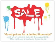 Enjoy 40% off at exclusive Crocs Outlets. Hurry, offer valid till 5th August! Make the most of it, Grab your pairs now!